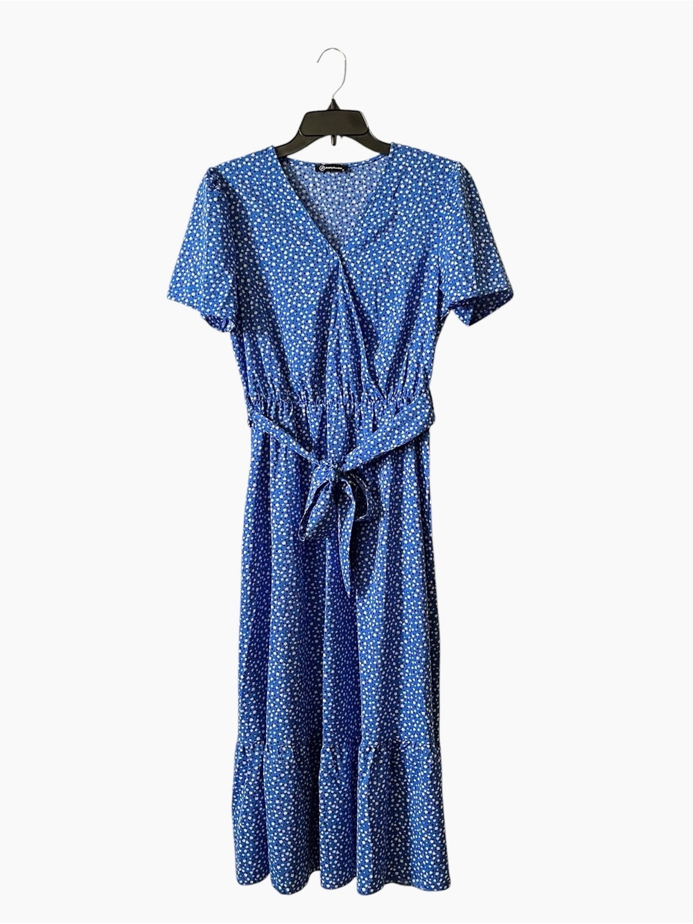 Pretty Garden Floral Wrap Midi Dress Women's Size M Blue V-Neck Belted Ruffle